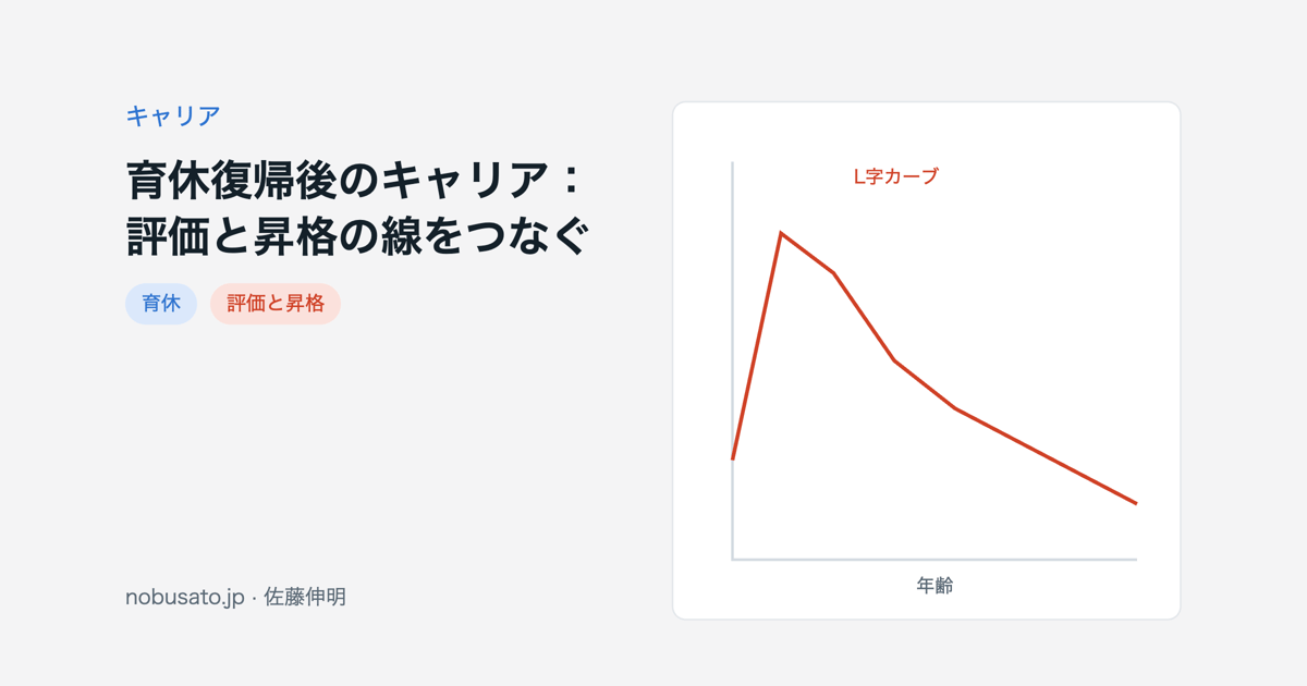 育休復帰後のポジション、評価、昇格の線をどうつなぐかを示すカバー画像
