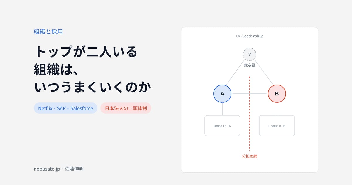 二頭体制の二人と裁定役、分担の線を示した図